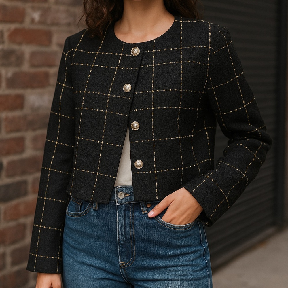 Elegant Black Tweed Plaid Crop Jacket with Gold Buttons – Size L